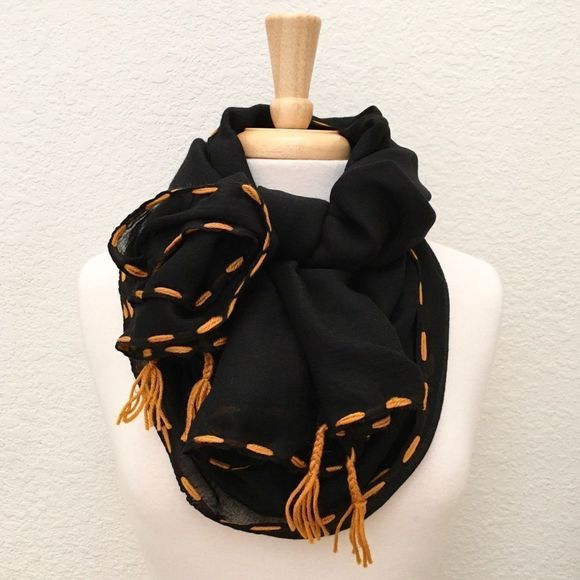 Yarn Stitched Trim, Tassel Accent Wrap Scarf, NWT - Picture 2 of 7